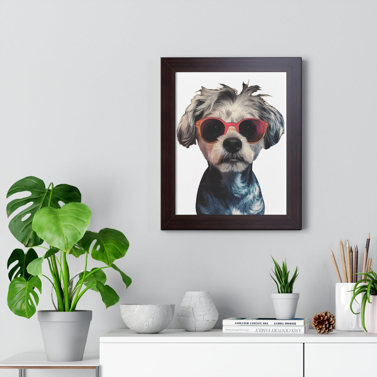 The Pop Icon Custom Pet Portrait Walnut Frame On Wall